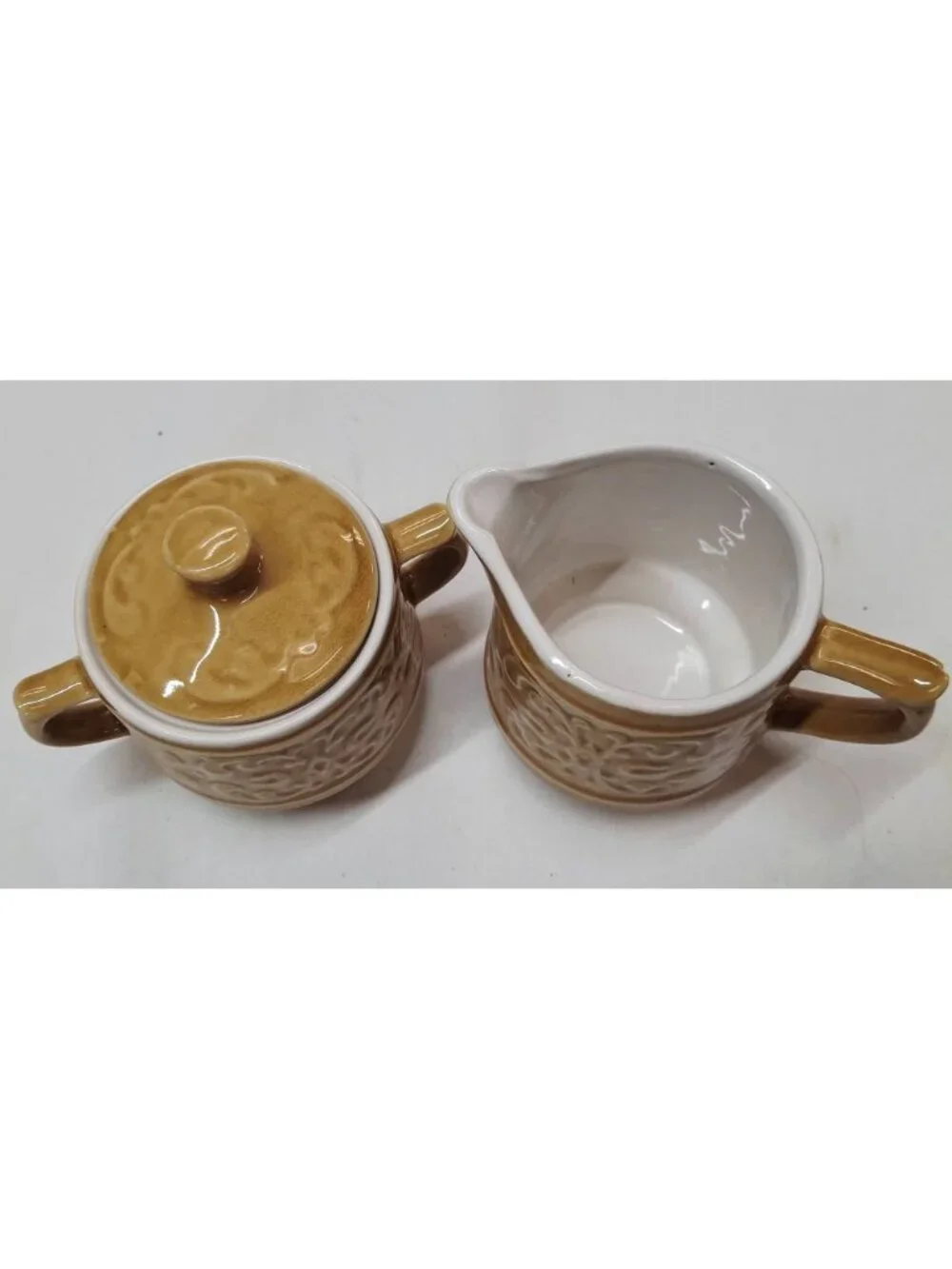 Vintage Japan Ceramic Sugar Bowl & Creamer Set - Embossed Floral Design - Brown
